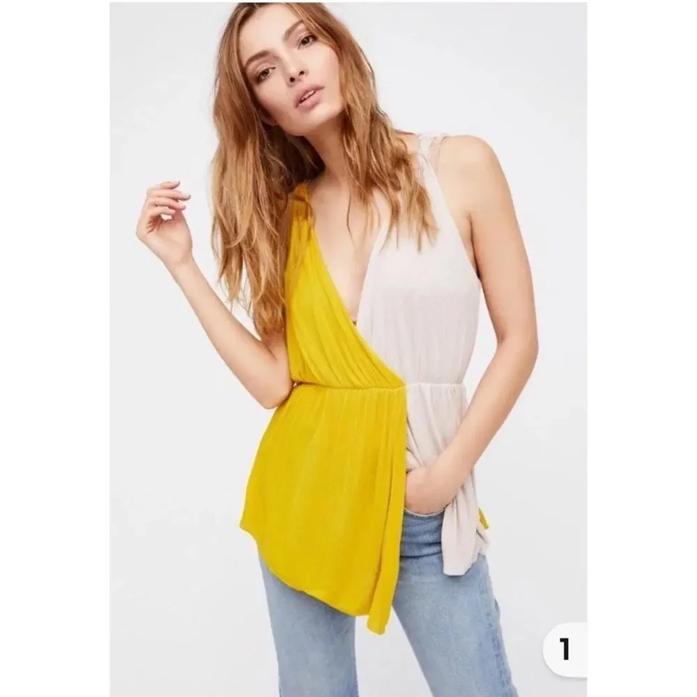 NWT Free‎ People Last Night Ribbed Tank Gold Sunglow Combo Small NEW